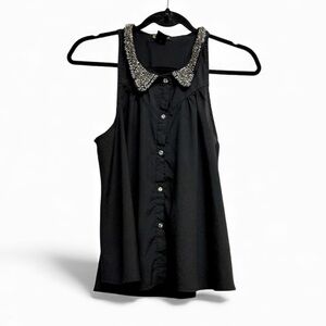 grass Collection Black Sheer Button Up with Embellished Collar Sz S